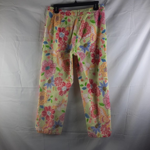 Talbots Bold Bright Lime green Floral Butterflies Stretch HI rise Crop pants 10 - Picture 2 of 5